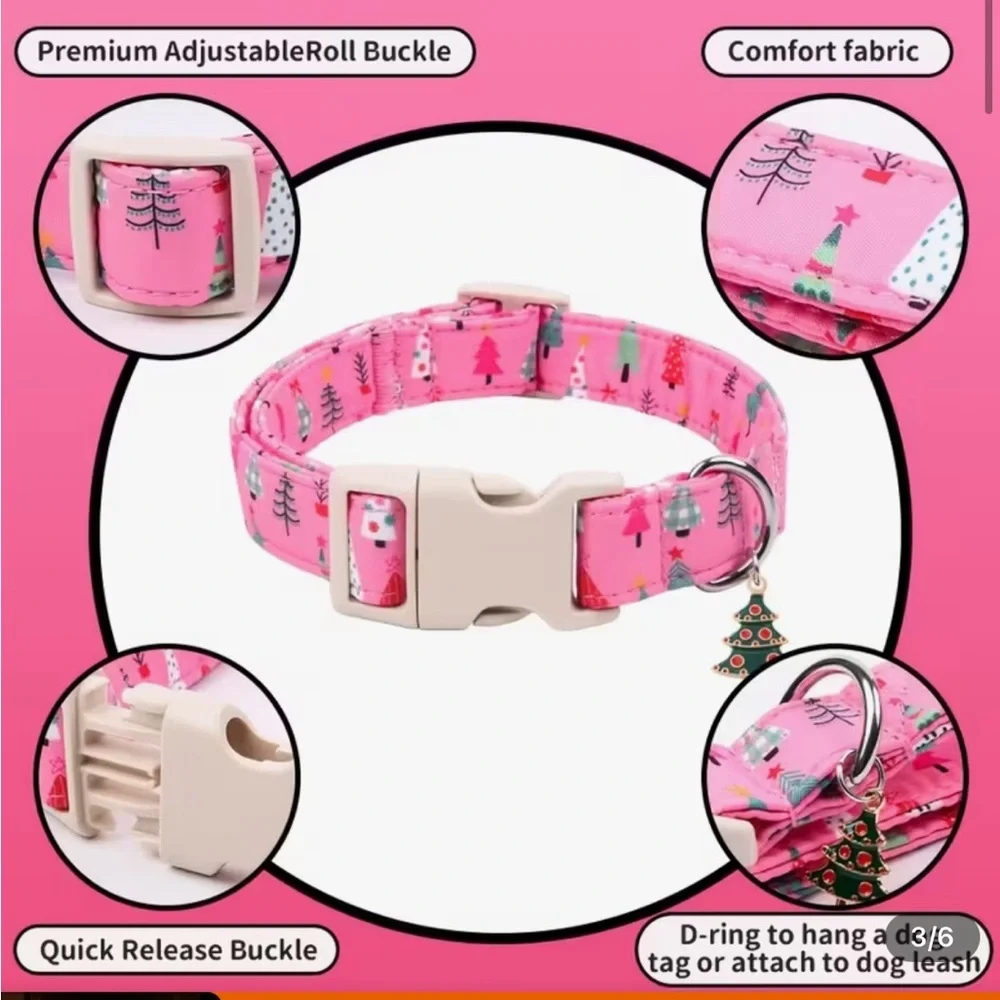 Pink Christmas Tree dog collar with adorable tree charm. Size LARGE - Picture 3 of 4